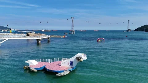 Aerial view of floating whale platform and cable car system. Stock Footage 347122788