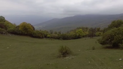 Aerial view of a flock of sheep grazing in the valley among the mountains Stock Footage 69894366