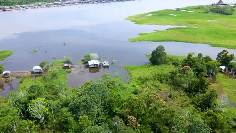 Aerial view of flooded Amazon landscape with wooden huts Stock Footage 330925689