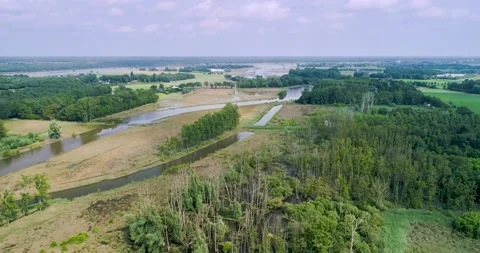 Aerial view of flooded climate buffer during high water, Limburg, Netherlands Stockbeeldmateriaal 208859798