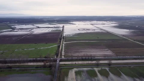 Aerial view of flooded fields and street, swampy area, drone shot 스톡 동영상 147878604