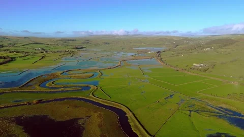 An aerial view of flooded fields with a meandering river in a green landscape. Stock Footage 296962157
