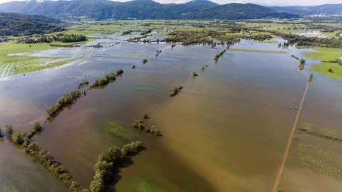 Aerial view of flooded fields. Stock Photos