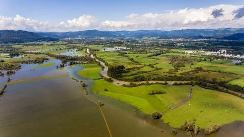 Aerial view of flooded fields. Stock Photos