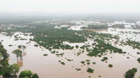 Aerial view of flooded land during the 2... | Stock Video | Pond5