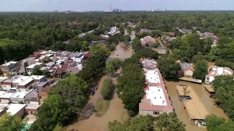 Aerial view of flooded neighborhood in Houston after Hurricane Harvey Stock Footage