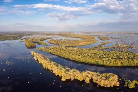 Aerial view of flooded river in Spring Stock Photos