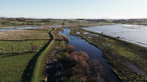An aerial view of a flooded river through expansive green fields. Stock Footage 296846692