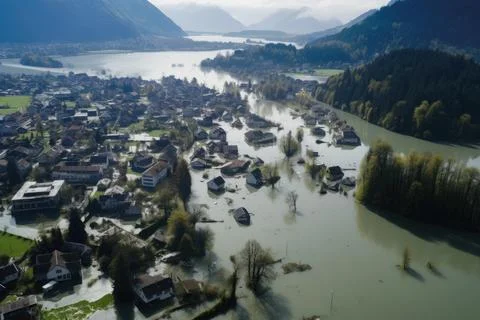 Aerial view of a flooding disaster in a village flood flooded street severe Stock Photos