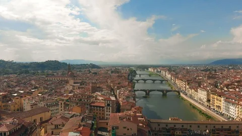 Aerial View of Florence, Italy, The Ponte Vecchio Old Bridge , Arno River 4K Stock Footage
