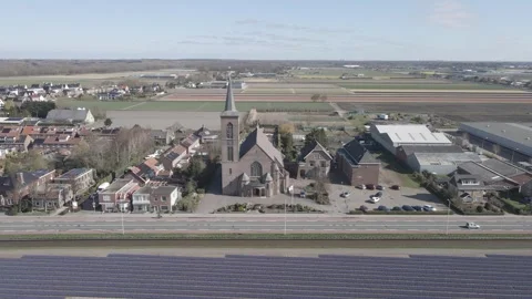 Aerial view of flowering hyacinth fields, holland Stock Footage 244450098
