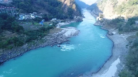 Aerial view of flowing Ganga river in Rishikesh Stock-Footage 256972553