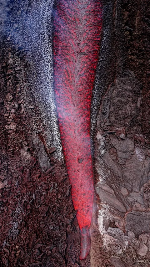 Aerial View of Flowing Red Lava and Smoke on Slopes of Mount Etna Volcano Stock Footage 340931238