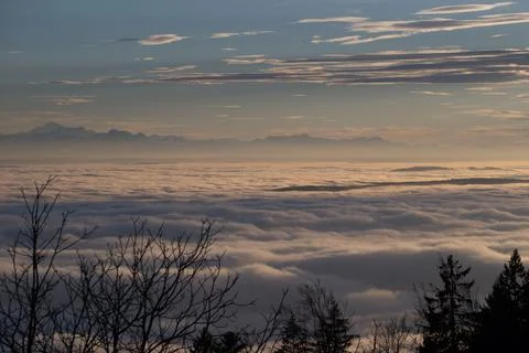 Aerial view of the fluffy clouds at soft sunset Stock-Fotos