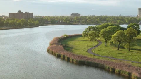 Aerial view of Flushing Meads Corona Park Stock Footage 308664183
