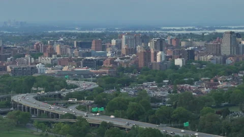 Aerial view of Flushing, Queens at dusk Stock Footage 308664132
