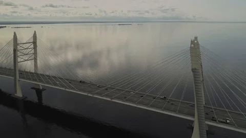 Aerial view fly around cable bridge at Saint-Petersburg Stock Footage 112013101
