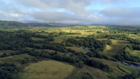 Aerial view, fly down move. Drone panorama of green hills near Llyn Celyn wat Video stock 94228282