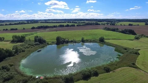 Aerial view fly over a smal lake in  green agricultural fields under blue sky Stock Footage 71199212