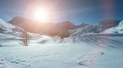 Aerial view. fly over. snow winter landscape. mountains nature. sunset dusk sun Video stock 34570098