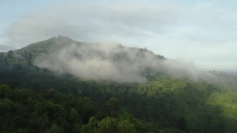 Aerial view, Flying above the clouds with mountain top. Panoramic scene Stock Footage 199340408