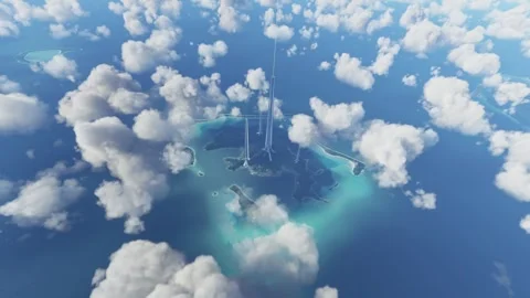 Aerial view flying above the clouds of the space elevator in Bora Bora Stock Footage 248207172