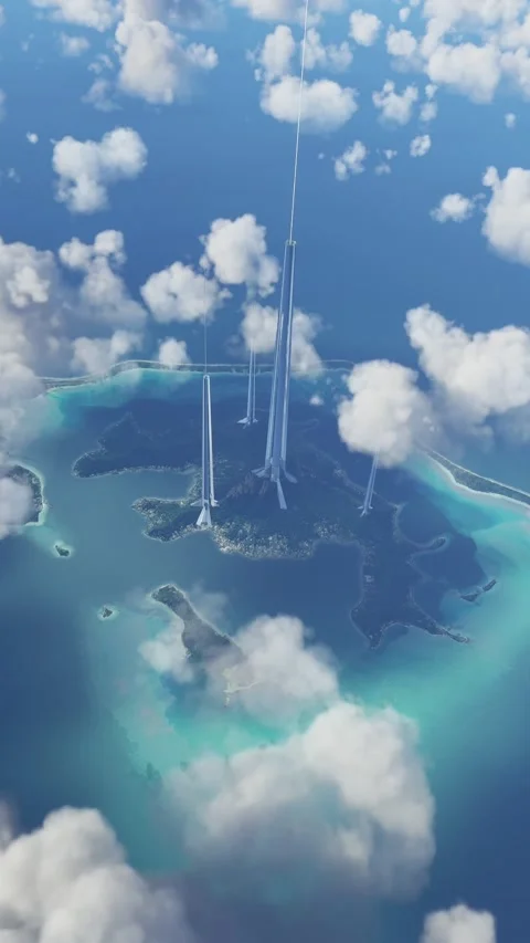 Aerial view flying above the clouds of the space elevator in Bora Bora Stock-Footage 284883609