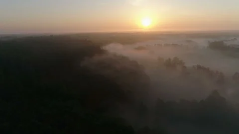 Aerial view flying across fields on a spectacular foggy morning. Stock Footage 87297202