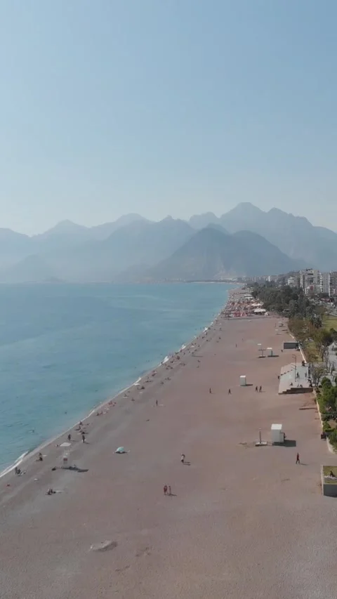 Aerial View Flying Along Long Mediterranean Beach in Antalya Turkey Stock Footage 317992002