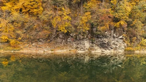 Aerial view: Flying along the river. Incredible colorful autumn view Stock Footage 97275965