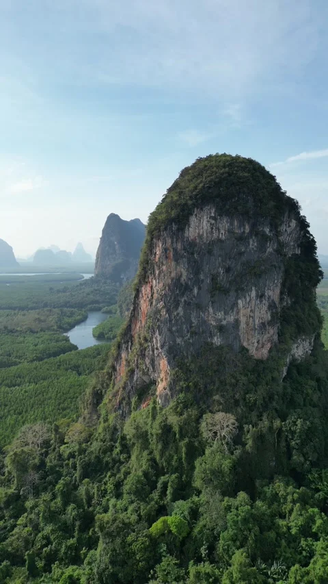 Aerial View Flying Around Limestone Karst in Phang Nga, Thailand Stock Footage 335251829