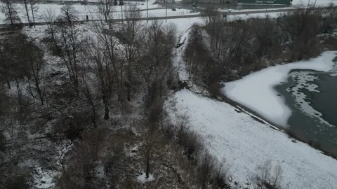Aerial View of Flying back towards Fairgrounds in Paris Ontario during Winte Stock Footage 314202382