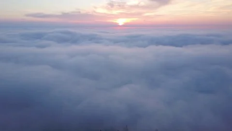 Aerial view flying backwards over thick morning fog and forest trees Stock Footage 77062653