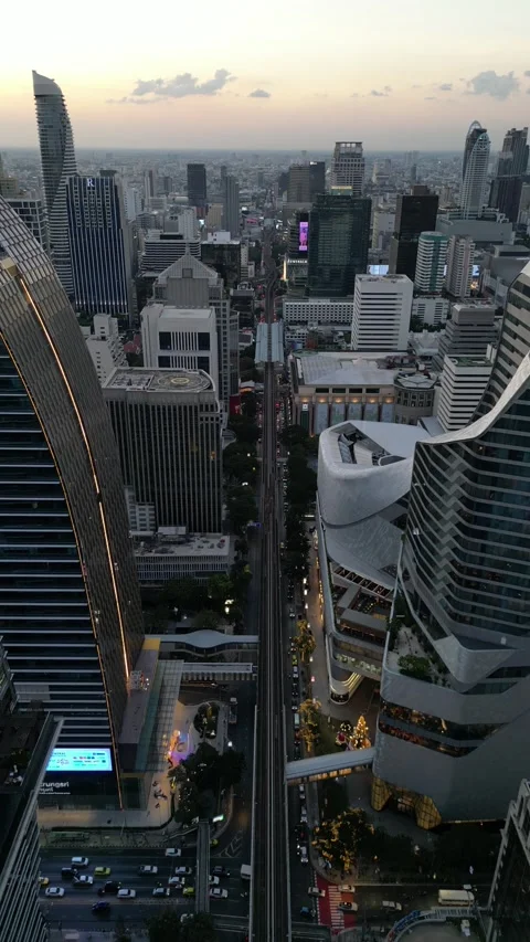 Aerial View Flying Backwards Over Bangkok Skyline in Thailand Stock Footage 335587924
