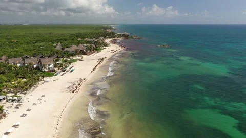 Aerial View Flying Down the white sand beaches of tropical tulum mexico 1 Видео 137427738