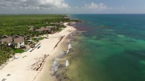 Aerial View Flying Down the white sand beaches of tropical tulum mexico 2 動画素材 137427739