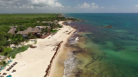 Aerial View Flying Down the white sand beaches of tropical tulum mexico 4 動画素材 137427757