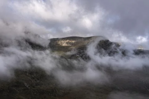 Aerial view of flying drone Dramatic epic landscape image in Autumn of Y-Garn Stock Photos