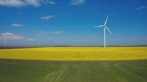 Aerial view from flying drone at wind turbine on yellow field Video stock 129770608