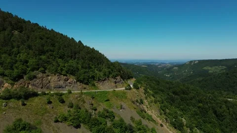 Aerial view flying forward to mountain slope and country road in pine forest Stock Footage 342242412