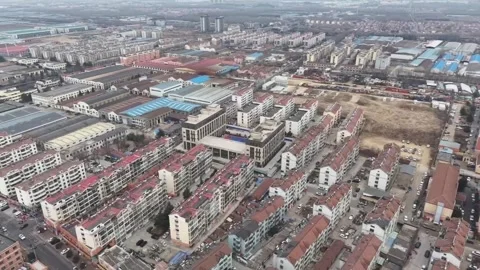 Aerial View Flying Forward Over Industrial Factories and Residential Distric Stock Footage 330158135