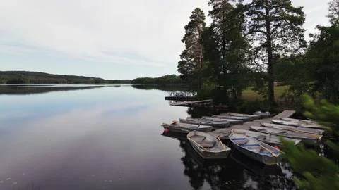 Aerial view flying low, close to trees and on over a calm mirrorlike lake Stock Footage 145870123