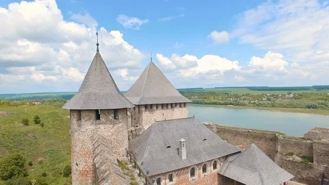Aerial view flying low over castle wall of Khotyn fortress Stock Footage 99328456