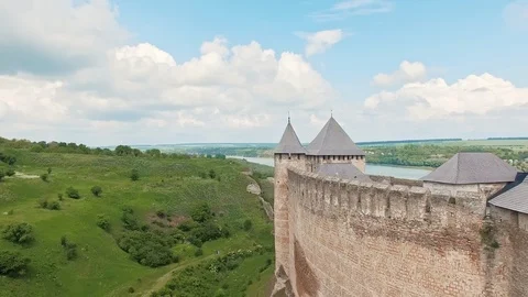 Aerial view flying low over castle wall of Khotyn fortress Stock Footage 100569975