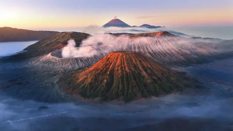 Aerial view flying to mount Bromo at sunrise Video stock 304848074