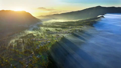 Aerial view flying to mount Bromo at sunrise Video stock 304945486