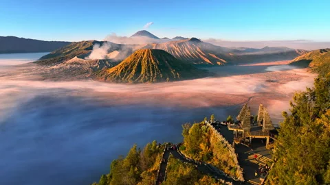 Aerial view flying to mount Bromo at sunrise Stock Footage 304945494