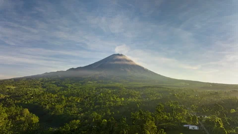 Aerial view flying to mount Sumeru active volcano at sunrise, Java, Indonesia Video stock 246415511