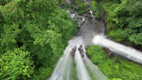 Aerial view flying over 80m tropical waterfall Stock Footage 220114300