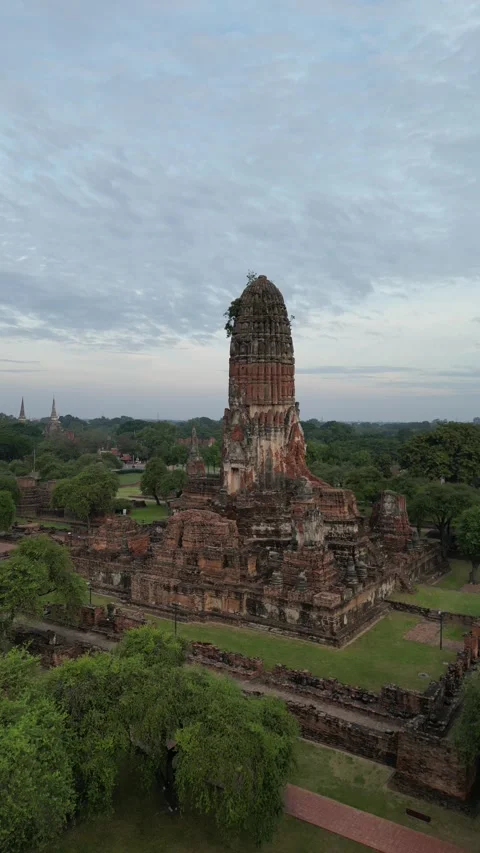 Aerial View Flying Over Ancient Ayutthaya Temple Ruins in Thailand Stock Footage 335586351